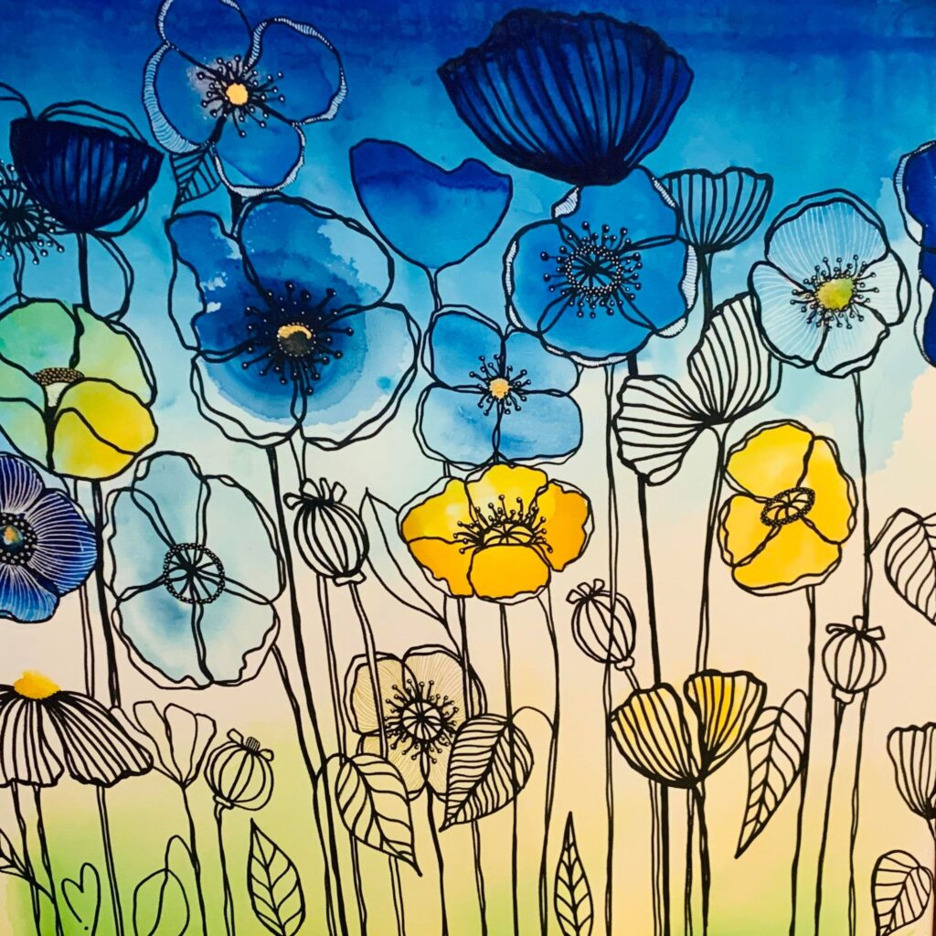 Tusch på canvas 80*80cm, Blommor i Blått, Gult och Grönt